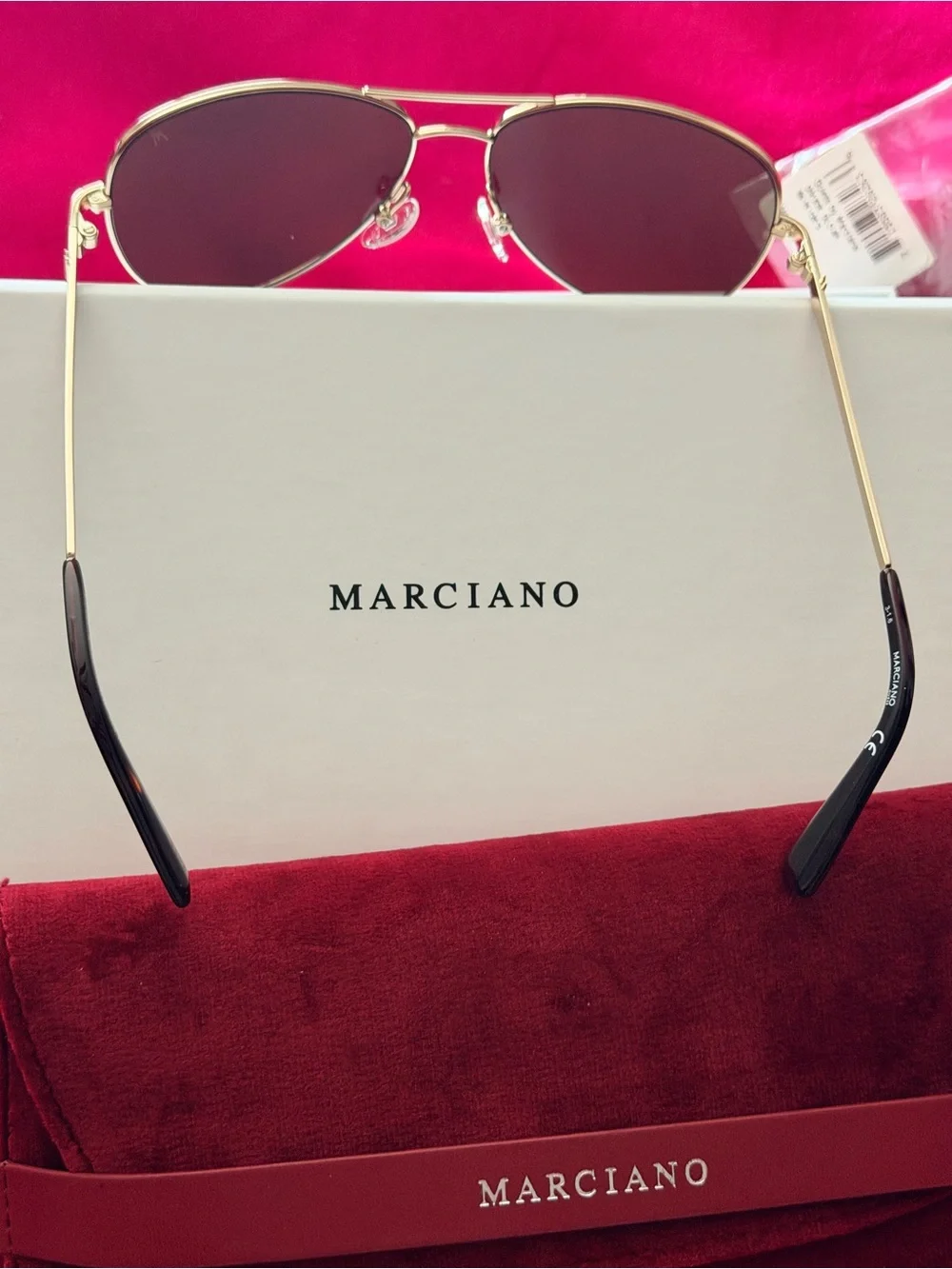 Marciano Gold Aviator Sunglasses with Burgundy Velvet Case and box